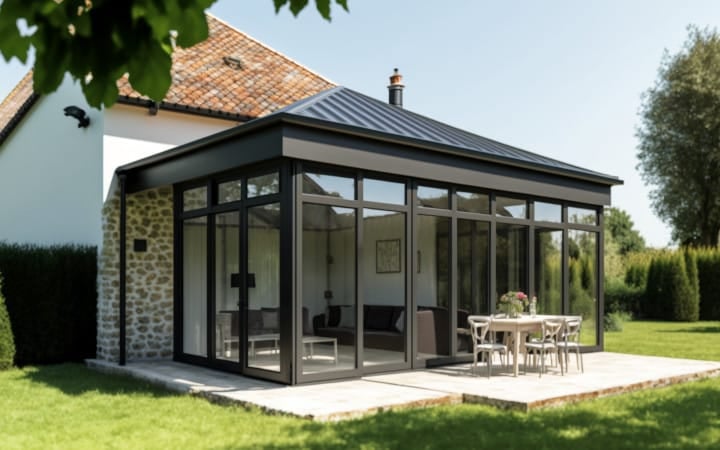 Véranda Aluminium - une extension moderne de maison - Vue de l'extérieur sur la veranda