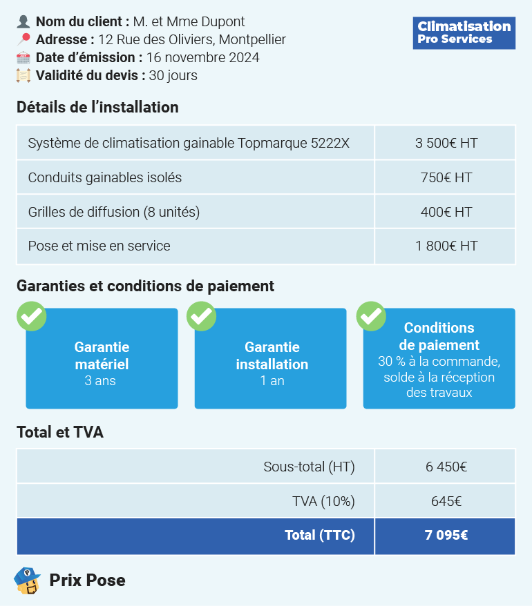 Exemple détaillé d’un devis pour une climatisation gainable