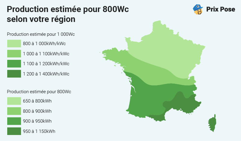 Production estimée pour 800Wc selon votre région